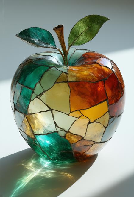 An exquisite and surreal depiction of a beautifully crafted apple made of crystal-clear glass, symbolizing the harmony of two seasons, rendered in a fractured, stained-glass Cubist style. The composition fractures the apple into geometric shards, each reflecting a different aspect of springtime and autumn â blossoms and falling leaves, vibrant green and warm oranges. Multiple perspectives reveal the apple's crystalline structure, blending photorealistic detail with abstract fragmentation. Hues of emerald, ruby, and gold dominate the palette, contrasted by stark black outlines and a gentle, internal luminescence that emanates from within the glass. The overall effect is a visually arresting representation of cyclical change, beauty, and the delicate balance of nature. Ultra detailed, 8k resolution, volumetric lighting, octane render, emphasizing the transparency and reflective qualities of the glass.