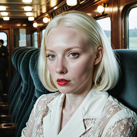 close up analogue photo of a beautiful 25 years (((albino woman:1.5))) with white hair (((pale skin:1.5))), white hair, <lora:Lumiya_SDXL:0.6>, A woman with dark braids and pale skin wears a smoke-colored lace blouse beneath a velvet jacket, sitting alone in a candlelit train cabin from another era, her reflection flickering as if not aligned to her movement, outside utterly black.