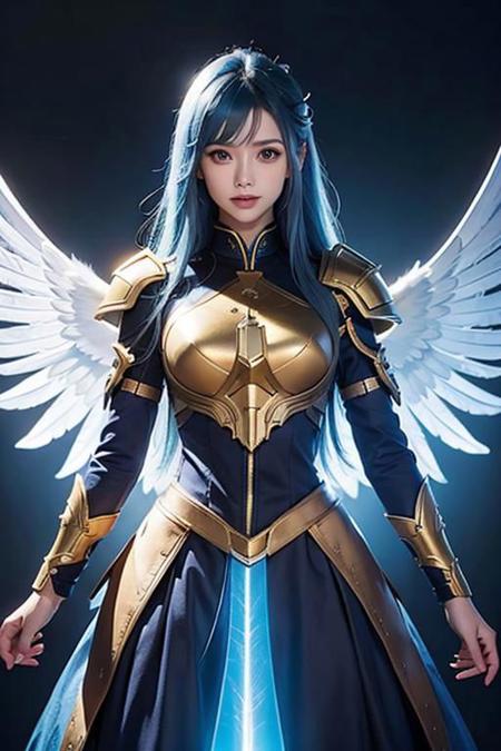vibrant colors, female, masterpiece, sharp focus, best quality, depth of field, cinematic lighting, blue hair, blue eyes, armored dress, halo, white wings, light rays, hair between eyes, from below, sky, smile,