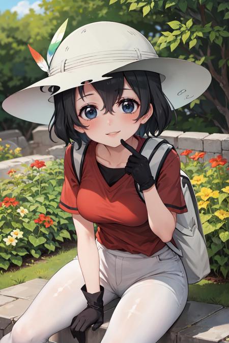 kaban, short hair, shirt, gloves, black gloves, red shirt, short sleeves, bag, hat, backpack, shorts, hat feather, pith helmet, helmet, hair between eyes, pantyhose