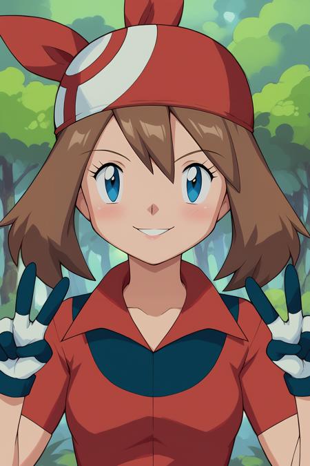 MayPXL, blue eyes, brown hair, short hair, hair between eyes, red bandana, small breasts, red shirt, short sleeves, gloves, white skirt, blue shorts, blue socks, red shoes