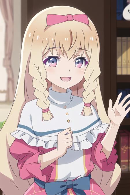 best quality, masterpiece, highres, solo, {noire_foschurose_kumakumakumabear:1.15}, blonde_hair, long_hair, braid, bow, hair_bow, bangs, twin_braids, purple_eyes, smile, blush, open_mouth, 1girl, blue_eyes, closed_eyes, closed_mouth, stuffed_animal, stuffed_toy, dress, teddy_bear, upper_body, capelet, cat, frills