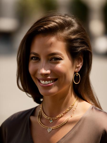 Realistic photo of a beautiful chr1styt woman,1girl,solo,long hair,looking at viewer,smile,brown hair,shirt,black hair,brown eyes,jewelry,white shirt,earrings,teeth,necklace,mole,grin,lips,portrait,realistic, soft lighting, professional Photography, Photorealistic, detailed, RAW, analog, sharp focus, 8k, HD, high quality, masterpiece<lora:chr1styt:1.0>