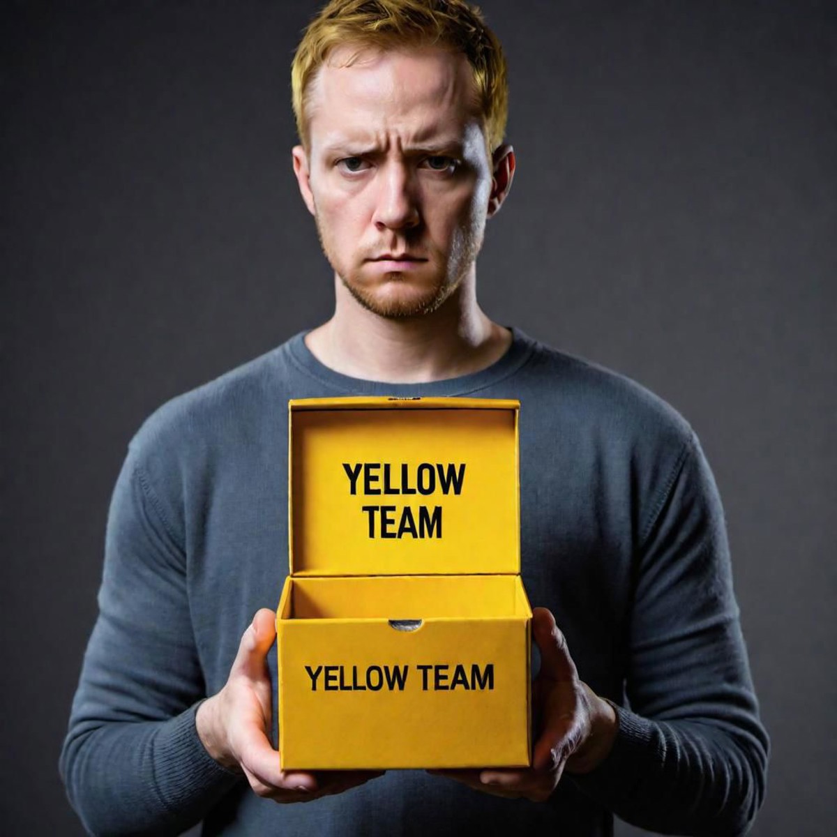 a sad man holding (a tiny box with the text "yellow team") looks incredibly sad and guilty, a single yellow-orange lightni...