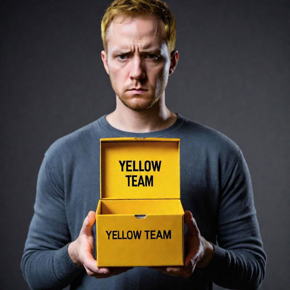 Man holding a yellow box that says "Yellow Team".