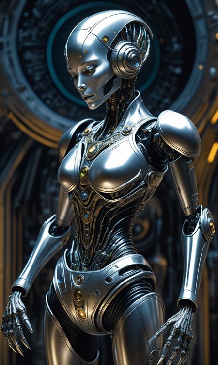 A disrupting image of a female android, with her eyes closed and metal-plated limbs adorned in intricate details that hold the cosmos. The bodyuseum is full of cybernetic enhancements as they navigate to battle against the machine's technology by Greg Rutkowski, Mark Arian focus on their every movement and sleek design inspired by alien artifacts. Ultra-detailed portrayal from an alien