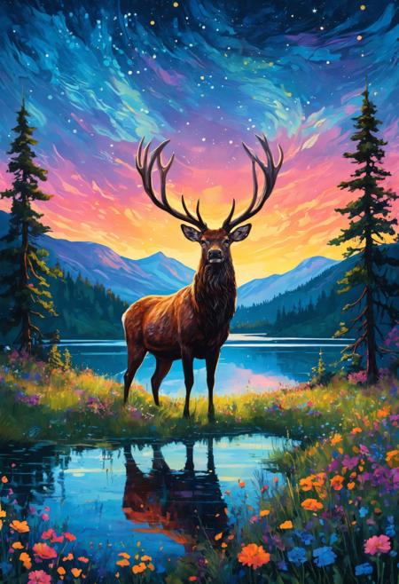 Impressionism illustration, surrealism, vibrant hues, a majestic stag standing atop a rolling hill blanketed with wildflowers. a vast, shimmering lake reflects a sky streaked with glowing auroras. Towering, ancient trees encircle the scene, their leaves radiant with intricate patterns. The stag's antlers glow faintly, intricate and surreal. The atmosphere feels magical and serene, with delicate detailing and a dreamlike landscape on textured paper