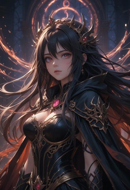score_9, score_8_up, score_7_up, score_6_up, dynamic, (anime, masterpiece), best quality, (8k), detailed background, sharp focus, intricate, ambient lighting, super high quality, hyper detailed background, cinematic lighting, adult, double tone long hair, medium breasts, verybadimagenegative_v1.3, Nightmare Empress, Dreamweaver Cloak, Eyes of the Abyss, Thorned Eclipses