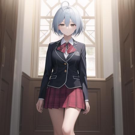 (masterpiece, best quality:1.2),illustration,8k,hd,1girl,solo,cowboy shot,school uniform,ahoge,skirt,looking at viewer,short hair,silver hair,bow,jewelry,jacket,red skirt,ring,pleated skirt,shirt,white shirt,brown eyes,bowtie,black socks,expressionless,red bow,socks,blazer,hair between eyes,<lora:Kannazuki Arin>,