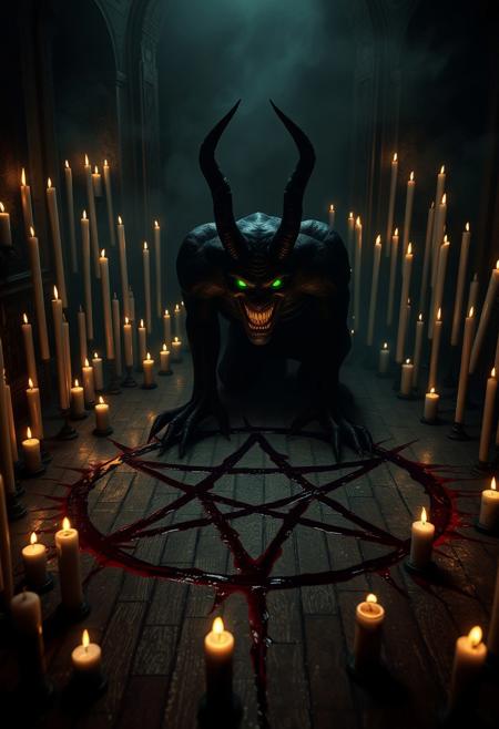 A master-level, highly detailed dark fantasy scene set in a dimly lit, ominous room. The floor is marked with a large, blood-drawn pentagram, its sinister lines glowing faintly. Surrounding the pentagram are countless dark white candles of varying lengths and thicknesses, their flickering flames casting unsettling shadows across the room. At the center of the pentagram, a menacing black demon is emerging from the blood-drawn symbol. The demonas glowing green eyes pierce through the darkness, and an eerie, malevolent grin spreads across its face, exuding a sense of pure evil. Covered in shadows