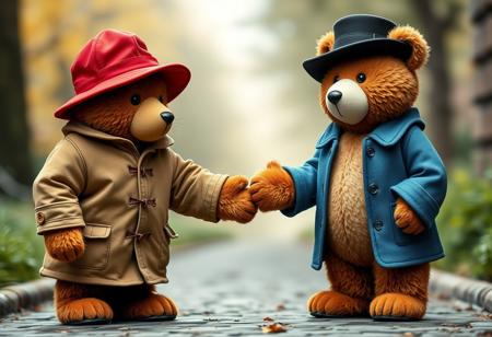 Paddington bear and Rupert the Bear holding hands.