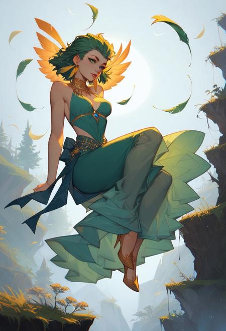 score_9, score_8_up, score_7_up, score_6_up, 
(1girl, solo, hawk flamenco dancer), green eyes, slightly curvy body type, medium breasts, emerald feathers with golden tips, sharp and focused gaze, medium hair, slicked back with diagonal bangs, forest-green hair with gold roots, sleek green flamenco dress with feather-shaped details, golden feather earrings, perched on a cliff overlooking a valley, wind ruffling feathers, faint glowing aura of sunlight, holding a jeweled dagger, swirling golden trails in the air, rhythmic wing movements echoing in the canyon.