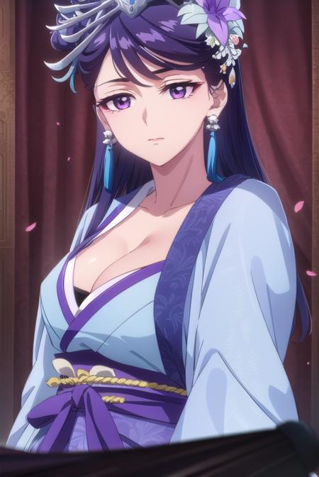 lihua, <lora:lihua s1-lora-nochekaiser:1>,
lihua, long hair, (purple eyes:1.1), purple hair, flower, earrings, hair flower, makeup, lipstick,
BREAK cleavage, jewelry, chinese clothes, hanfu,
BREAK indoors,
BREAK looking at viewer, (cowboy shot:1.5),
BREAK <lyco:GoodHands-beta2:1>, (masterpiece:1.2), best quality, high resolution, unity 8k wallpaper, (illustration:0.8), (beautiful detailed eyes:1.6), extremely detailed face, perfect lighting, extremely detailed CG, (perfect hands, perfect anatomy),