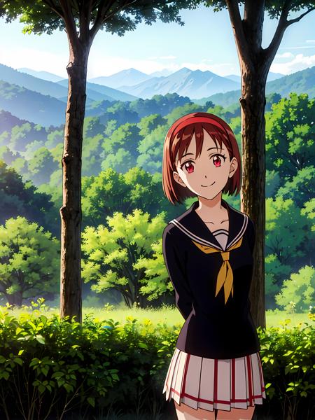 (exceptional, best aesthetic, new, newest, best quality, masterpiece, extremely detailed), 1girl, solo, miyazawayukino, yellow_hairband, serafuku, red_skirt, pleated_skirt, arms_behind_back, smile, mountainous_horizon, trees