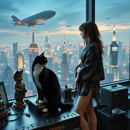 black cat with a white neck and white feet is sits on a cluttered metal riveted desk next to a maneki neko statue and small bronze buddha, the cat is looking out to a floor to ceiling window that looks out over a futuristic cyberpunk Tokyo skyline with skyscrapers and futuristic airships covered with lights and advertisements in Japanese, a tall thin beautiful young woman, 22 years old, is standing next to the cat looking out at the city through the window, The woman is dressed in an ornate short japanese style bath robe, exposing her long legs.  The woman's hair is messy from just waking up. Artistic cyberpunk, dynamic perspective,