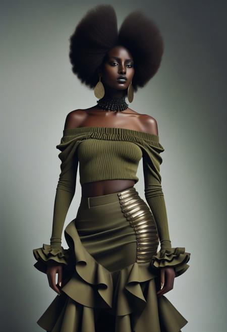 The image is a high-fashion photograph featuring a striking, dark-skinned woman with an extraordinary, voluminous, natural hair style that forms a dramatic, almost sculptural silhouette around her head. Her hair is styled in a massive, rounded shape that contrasts starkly with her slender, elongated figure. She has a deep, rich brown skin tone and a serene, contemplative expression. The image is a photograph of a stylish individual standing in a modern, minimalist living space. The person is dressed in a chic, avant-garde outfit. They are wearing a long-sleeve, off-the-shoulder, olive-green top that fits snugly, paired with a voluminous, ruffled, olive-green skirt that drapes dramatically around their legs. The skirt's ruffles create a textured, layered effect. The image is a high-fashion photograph featuring a person with dark skin, styled in an avant-garde, punk-inspired look. The subject is a woman with a striking appearance, adorned with intricate, ornate accessories. She has her hair styled in intricate, beaded braids that extend down her back, adorned with various beads and metal elements.