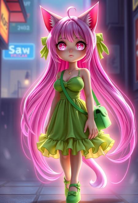 Realistic anime. 3d Pixar , Cat girl with neon pink hair that reaches the floor, sparkling pale pink eyes, voluptious, big boobs, wearing a short, slutty, green sundress with a ridiculous amount of frilly ruffles on the hem, cleavage, cute face, ribbons in hair, green Mary Jane shoes, green cross body purse,  glow, god rays, ethereal, dreamy, heavenly, otherworldly, dream-like, breathtaking, captivating, divine, Bioluminescent,