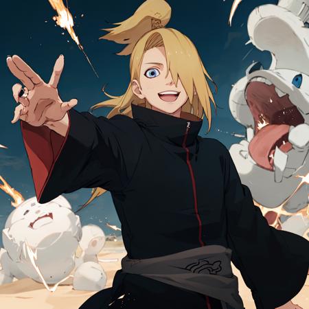 Deidara, solo, long black robes, blue eyes, bangs cover one eye, high collar, dynamic pose, dynamic angle, explosions, laughing, upper body portrait, sand