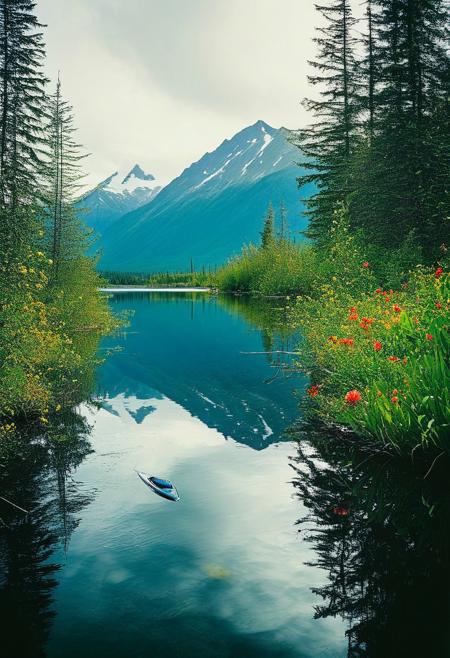 ()Hyoer Realistic:2.0)Polaroid picture of 
image of Eklutna Lake in Anchorage, Alaska, where the effects of climate change have transformed the lake into a lush, tropical paradise. The once-frozen landscape is now teeming with vibrant, tropical plants and flowers, and the air is warm and humid.
In the background, the majestic Chugach Mountains from Chugach State Park rise up, their peaks still capped with snow, but now surrounded by a halo of tropical greenery. The lake's surface is calm and reflective, with a few sailboats and kayaks gliding across its surface.
Capture the surreal, futuristic atmosphere of this scene, where the harsh, subarctic environment of Anchorage has given way to a vibrant, tropical oasis.