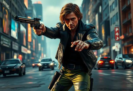 expert Intricate Cyborg Han Solo from Star Wars, centered in dynamic action pose, black leather jacket, green pants, blaster pointed left as main focal point. Foreground street surface, background cyberpunk cityscape with buildings & cars. Captivating cinematic lighting, high detail, intricate textures, lifelike details, beautiful detailed eyes. Matte painting, splash ink illustration, Octane Render, Unreal Engine 5. Golden Ratio, Impeccable Composition, Creative Angle, Sharp Focus, 4K, trending on Artstation, CGSociety.