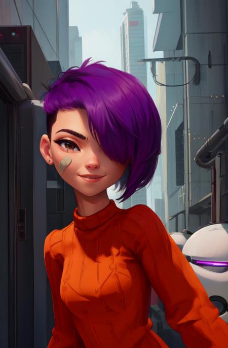 mai, short hair, bandaid on face, purple hair,  hair over one eye,  brown eyes, 
red sweater,  orange shorts,   
upper body,  robots,  
cyberpunk,  soccer field, morning,   light smile, 
(insanely detailed, beautiful detailed face,beautiful detailed eyes, masterpiece, best quality) 
 <lora:maisu:0.7>