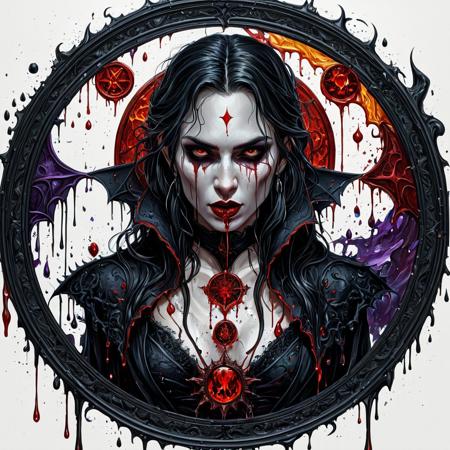Finely detailed vector illustration. very sexy woman, vampire, dark, desire, sin, vices ultra realistic quality,circle symbols,white background, oil painting, hyperdetailed, intricately detailed,  triadic colors,fantastical,intricate detail,splash screen,complementary colors, fantasy concept art, 8k resolution, masterpiece,oil painting,heavy strokes,paint dripping.