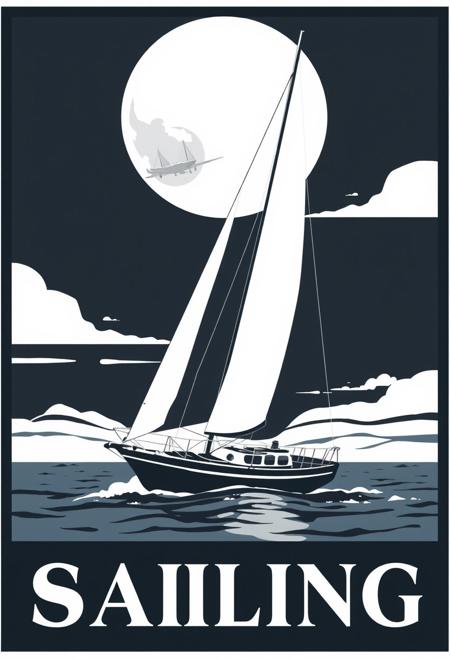 graphical art, sailboat, poster design, text "Sailing", vintage retro style, art deco, travel poster, sailing, monochrome