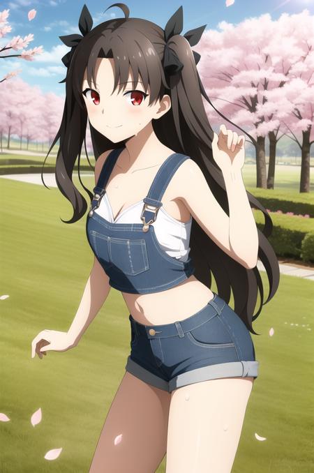 (masterpiece), high quality, detailed background, 1girl, solo, nsfw,
<lora:Ishtar-v4-07:0.5>, ChopioIshtar, black hair, hair ribbon, very long hair, two side up, parted bangs, ahoge, red eyes, looking at viewer, navel, midriff,
mature female, medium breasts,
outdoors, sun, sunny, sun diffraction, field, grass, standing, from front, seductive smile,
(dungaree:1), cleavage, looking at viewer, sweat, <lora:sweat_lotion_v2:0.15>, cherry blossoms, falling petals, cute pose, (white shirt:1),