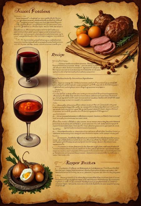An illustrated medieval recipe of a "Sex Potion" made with ingredients including: (Chickpeas, goat testicles, lamb fresh meat, sparrows brains, bird egg yolks, pepper, wine, roasted onions, carrot juice, butter), ancient british, Gothic, parchment page, 
*important note: please don't follow the recipe. it’s probably best not to try these at home.*
concept-art, fantasy, epic, majestic, magical, dreamy, perspective, light and shadow, moody, epic, 
beautiful, painterly, aesthetic, textural, intricate details, highly detailed, ultra-detailed, absurdres, 
aid291, cs-l3ath3r