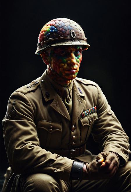 Skittles, Taste the Rainbow, dark, chiaroscuro, low-key, ww1, solider, trench, helmet, sitting, detailed background, Detailed face, detailed eyes, perfect eyes, absurdres, high quality, masterpiece, very aesthetic