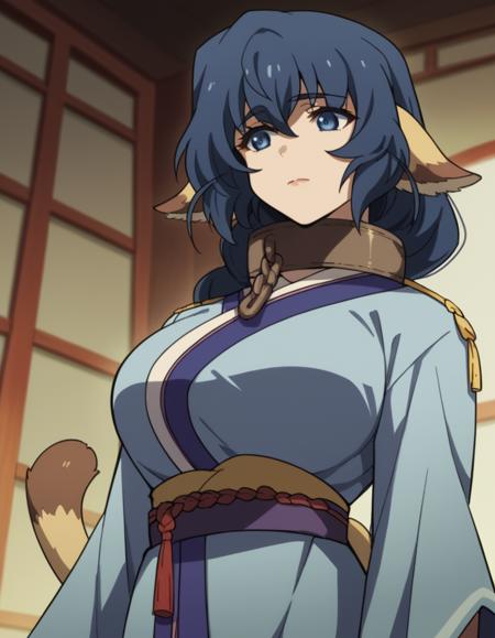 karura, blue hair, animal ears, blue eyes, long hair, braided ponytail, large breasts, tail, japanese clothes, kimono, collar, metal collar,