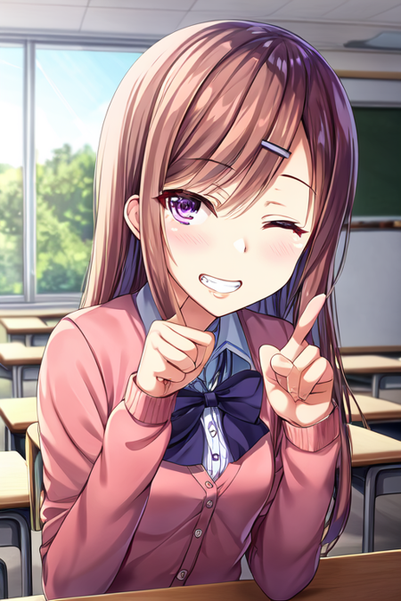 (masterpiece), (high quality:1.2, best quality:1.2), classroom, (upper body), 1girl, solo, solo focus, asahina nazuna, long hair, brown hair, hair ornament, hairclip, purple eyes, school uniform, blue bowtie, pink cardigan, white skirt, one eye closed, teeth, ((finger to mouth)), leaning forward