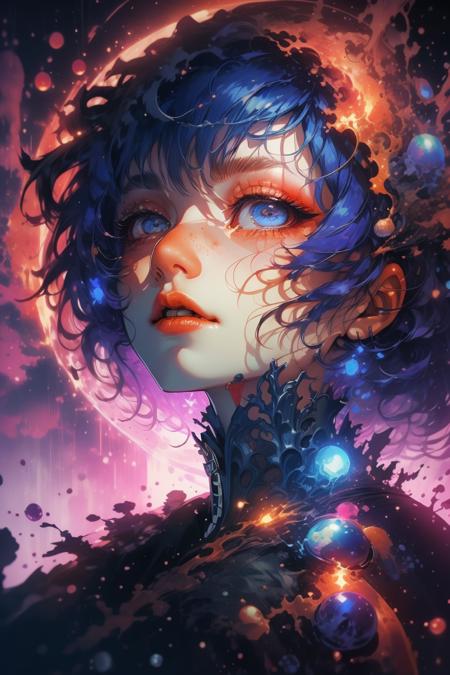 (Dramatic Painting:1.3) of a photo of a girl, gothic, moon, night, particles, sparkles, flames,(cyberpunk:1.2),(close portrait:1.3),(Feminine:1.4),(beautiful:1.4),(attractive:1.3),handsome,calendar pose,perfectly detailed eyes,studio lighting,thematic background,
 <lora:Unleashed_V2:1.3>, shiny, shiny hair, shiny skin, shiny clothes