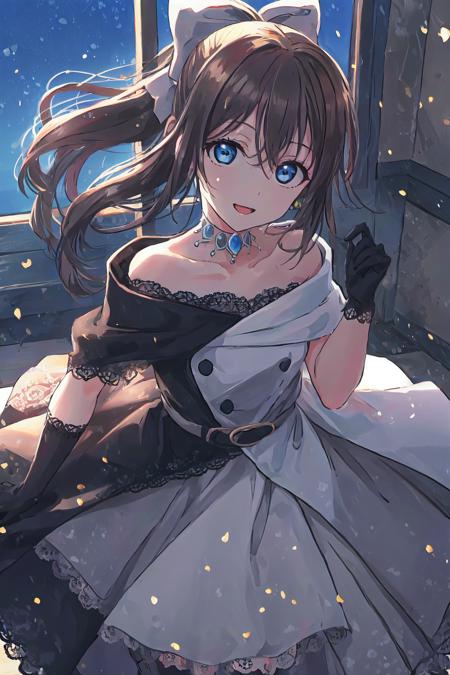 (best quality, masterpiece:1.2), 1girl, solo, cute, smile, detailed background, (looking at viewer, solo focus:1.2), light on face, sky, blue sky, sunlight, lens flare, depth of field, scenery, glow eyes, open mouth, standing, cowboy shot,
<lora:A_SORA_Dress:1>, sora dress, osaka shizuku, ousaka shizuku, dress, off-shoulder dress, two-tone dress, bow, blue eyes, gloves, brown hair, long hair, evening gown, off shoulder, hair bow, black dress, jewelry, white dress, lace gloves, belt, sidelocks, bangs, necklace, black gloves, hair between eyes, collarbone, black belt, black bow, bare shoulders, multicolored clothes, half updo, ponytail, buttons, looking at viewer, sleeveless dress, lace, sleeveless, grey dress, closed mouth, (sunny, sunlight:1.2)