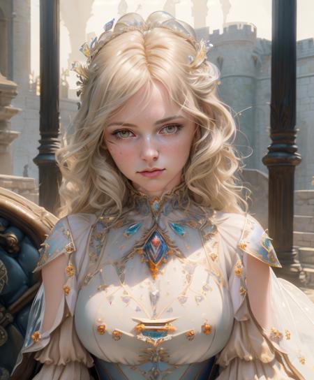 (Cinematic Photo:1.3) of (Masterpiece:1.3)angel warrior girl, dress crystal crystallized yellow pastel ornate drops transparent, hair white, fantasy, Medieval, epic hyper-detailed masterpiece ultra-wide, cinematic still, glamour hyper shoot, bokeh, pre-raphaelite, photo, realistic, octane render, 35 mm, photography, 8k resolution, 8 k, cinematic lighting, photographic, Eastman Kodak Color Negative film 5251 50T shot on panavision super, art by Bagshaw Tom, stanley, greg rutkowski, thomas kinkade, norman rockwell,(Cowboy-shot:1.2), (85mm),light particles, lighting, (highly detailed:1.2),(detailed face:1.2), (gradients), sfw, colorful,(detailed eyes:1.2), (detailed ladscape, garden, plants, castle:1.2),(detailed background),detailed landscape, (dynamic angle:1.2), (dynamic pose:1.2), (rule of third_composition:1.3), (Line of action:1.2), wide shot, daylight, solo,Highly Detailed,(80s Art:1.3),(Magical Realism:1.3),