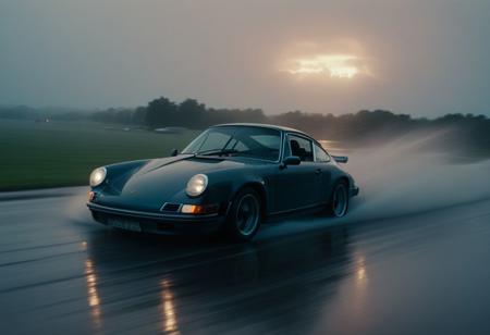 cinematic photo of a fast moving drifting classic Porsche 911 at sunrise, motion blur, moving tires, downpour, thunderstorm, heavy rain, Movie Still, Film Still, Cinematic, Cinematic Shot, Cinematic Lighting