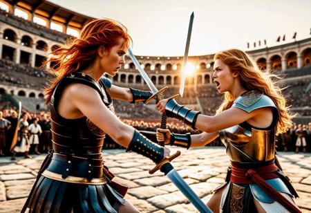 (masterpiece, best quality, ultra detailed:1.2), captivating realistic Cinematic wide-angle: Two women fierce sword fight in grand Roman arena, golden sunset light. Warrior: gorgeous red hair, massive huge great sword, strength focus. Swordsman: stunning golden-blonde hair, agility focus, japan sword. detailed leather armor. fluid movements. Roaring crowd, blurred background.