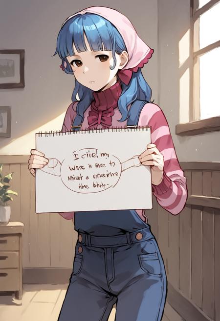 vera misham blue hair, brown eyes, pink bandana, overalls, sweater, striped, denim pink hairband, sweater, dress, striped, jacket, black pantyhose holding sign holding sketchbook