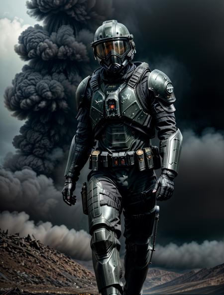Create a cinematic, filmic image ((best quality)), ((masterpiece)), ((realistic)) of (((post nuclear landscape))). Show an army ranger and [full body] emerging from the thick smoke, fire, flat black painted power combat armor, full facemask and helmet hiding his eyes, action pose, 24mm, 4k textures, soft cinematic light, adobe lightroom, photolab, hdr, intricate, elegant, highly detailed, sharp focus, ((((cinematic look)))), soothing tones, insane details, intricate details, hyperdetailed, low contrast, soft cinematic light, exposure blend, hdr, faded, <lora:more_details:.8>, <lora:wowifierV3:.8>