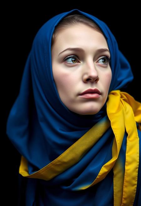 The photo is a portrait of a young woman. She is wearing a blue headscarf with a yellow ribbon tied around it, covering her head and neck. The woman is looking off to the side with a serious expression on her face. She has a pale complexion and her hair is pulled back in a neat bun. The background is dark, making the woman's face the focal point of the photo. vibrant colors. The overall mood of the image is somber and contemplative.