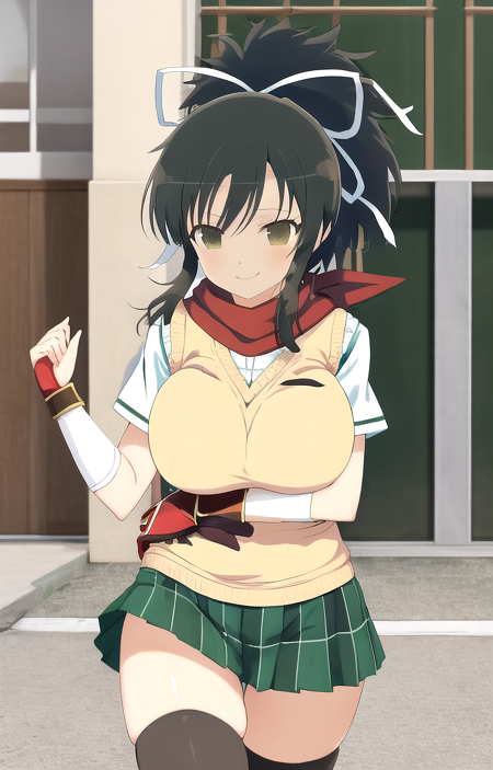 masterpiece, best quality, 
asuka_sk, asuka_kunoichi_uniform, 1girl, short hair, ponytail, large breasts, wide hips, red scarf, hair ribbon, white ribbon, arm guards, light brown sweater vest, pleated skirt, green short skirt, black thighhighs, closed mouth, smile, happy, cowboy shot, front view, wooden wall, ultra-detailed, anime, senran kagura, 8k <lora:Asuka_SK-10:1>