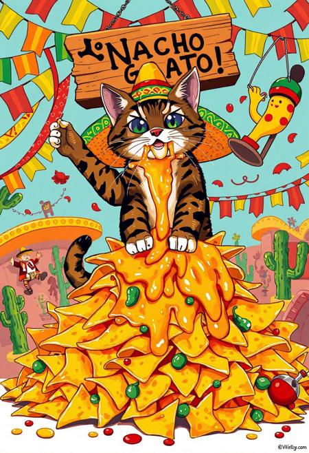 Vector flat Mexican style art Poster, A mischievous tabby cat wearing an oversized, brightly colored sombrero adorned with tiny chili pepper ornaments sits triumphantly atop a towering mountain of cheesy nachos. The chips buckle under neon-orange melted cheese that oozes like lava. The cat, with sparkling anime-style eyes the size of tortillas, swipes a nacho with dramatic flair, flinging cheese onto its whiskers in a gooey mess that stretches cartoonishly as it frantically licks it off. Behind the chaos, a vibrant Mexican fiesta bursts to life papel picado streamers flutter in reds, greens, and yellows, while googly-eyed piñatas shaped like cacti and mariachi figures dance and cheer. A hand-painted wooden sign reading “¡Nacho Gato!” swings crookedly above, caught in the festive whirlwind. Scattered below are salsa spills, a runaway jalapeño, and a toppled maraca. Rendered in a vivid Mexican folk-art style with bold outlines and Talavera-inspired patterns, the scene pops with fiery reds, sunny yellows, and deep azules—perfectly capturing the wildly whimsical spirit of a feline fiesta gone hilariously off the rails.