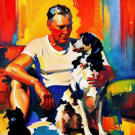 sd-prohib a man in a t-shirt and shorts in a modern looking living room holds his loyal dog for a photograph, broad brushstrokes, painterly, dynamic, adventure, idealism, pictorial, country gentleman, 1920, cover art, illustration