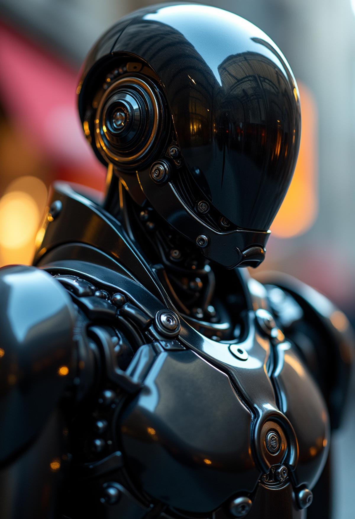 portrait of a guard android, robotic,style by (Kansuke Yamamoto)
mechanical,
black reflective armour, metal plating,
80mm, f/1.8, dof, bokeh, depth of field