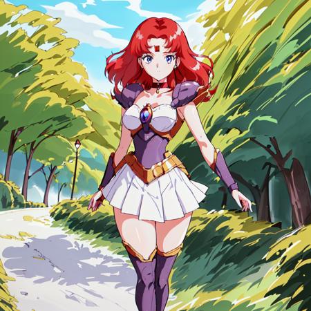 Scarlet_Ohara, 1girl, solo,blue eyes,jewelry, red hair, choker, miniskirt, white skirt,armor, high heels, white skirt, shoulder armor, pauldrons, purple thighlet, forehead,gold guntlet,gold tiara