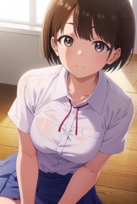 chihirokobayashi, <lora:chihiro kobayashi s1-lora-nochekaiser:1>,
chihiro kobayashi, short hair, brown hair, (brown eyes:1.5),
BREAK skirt, shirt, school uniform, pleated skirt, socks, white socks, white shirt, collared shirt, ribbon, red ribbon, short sleeves,
BREAK indoors, classroom,
BREAK looking at viewer, (cowboy shot:1.5),
BREAK <lyco:GoodHands-beta2:1>, (masterpiece:1.2), best quality, high resolution, unity 8k wallpaper, (illustration:0.8), (beautiful detailed eyes:1.6), extremely detailed face, perfect lighting, extremely detailed CG, (perfect hands, perfect anatomy),