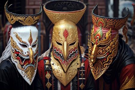 gold mask, dumner, black and white skin, red eyes, volcano, morrowind, fantasy,big long nose, gold mask,ancient mask<lora:peeta:1>  <lora:Bloodstainai:0.3>