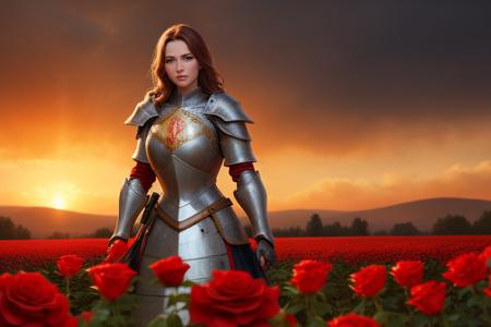 a woman in a knight armor standing in a field of red roses, detailed face, medieval, fantasy