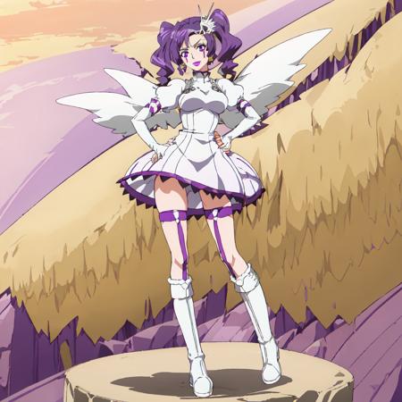 Cirucci_Sanderwicci, 1girl, solo, hair ornament, white dress, purple hair, knee boots, elbow gloves, white dress, puffy short sleeves, makeup, lipstick, short twintails, purple lips, wings, black boots, facial mark