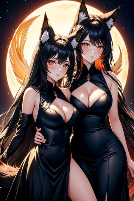 2girls,fox girl,fox ears,fox tail,wolf girl, wolf ears, wolf tail,formal dress,,large breasts,black hair,glowing eyes,dark background,